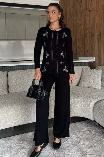 Kadın Taşlı Triko Hırka Pantolon İkili Takım