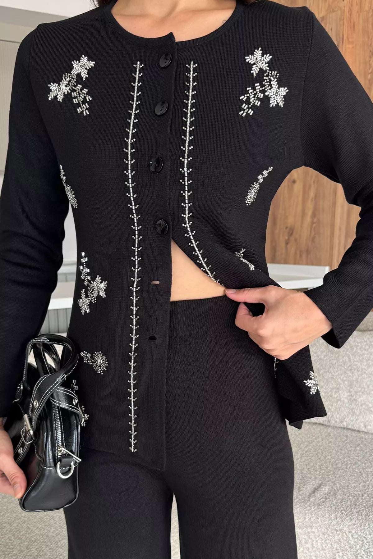 Kadın Taşlı Triko Hırka Pantolon İkili Takım