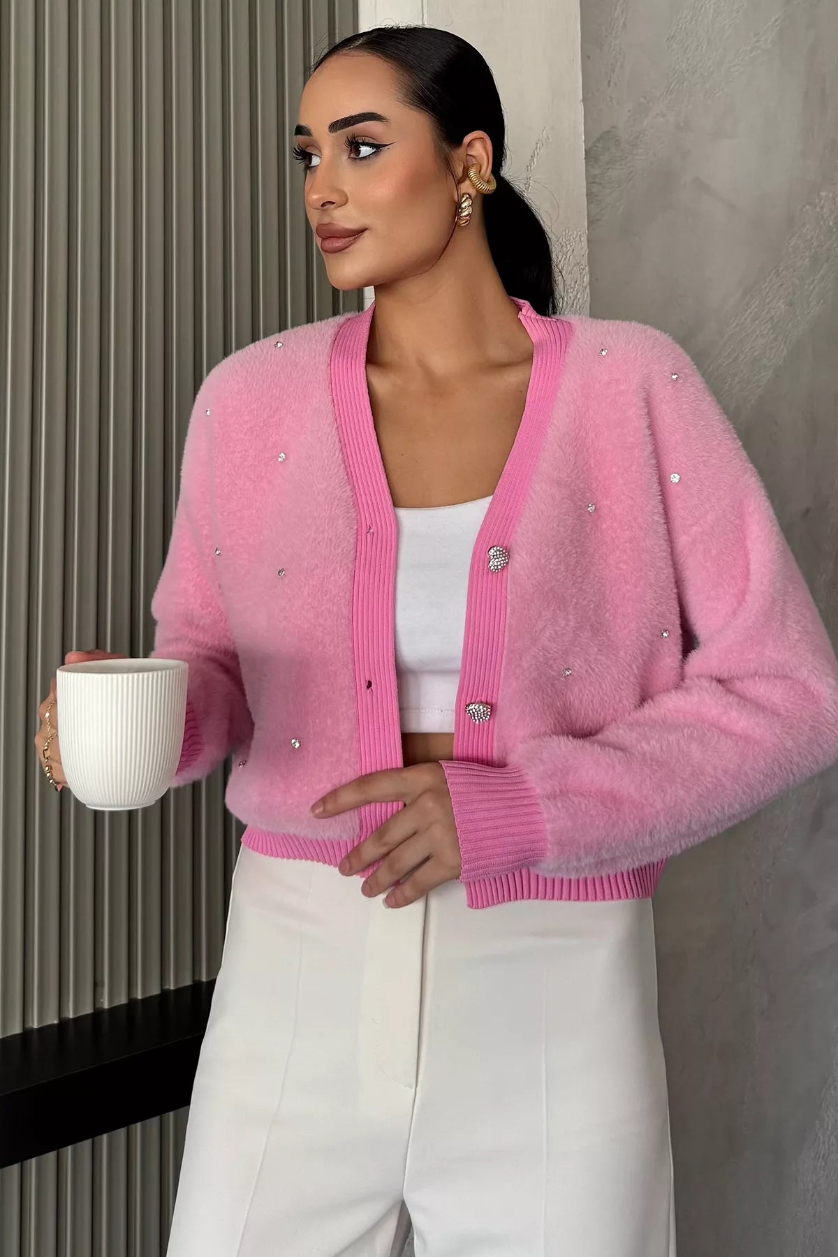 Kadın Taşlı Yumoş Triko Ceket