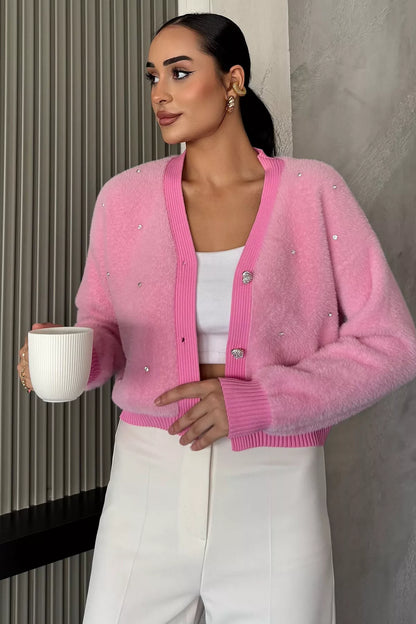 Kadın Taşlı Yumoş Triko Ceket