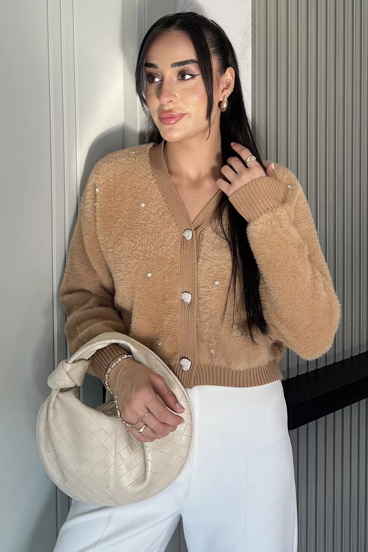 Kadın Taşlı Yumoş Triko Ceket