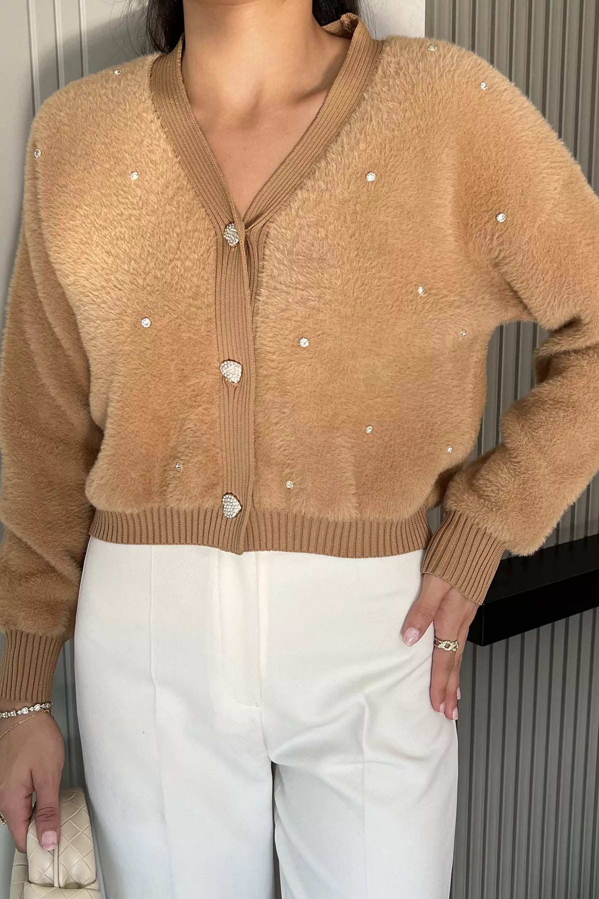 Kadın Taşlı Yumoş Triko Ceket