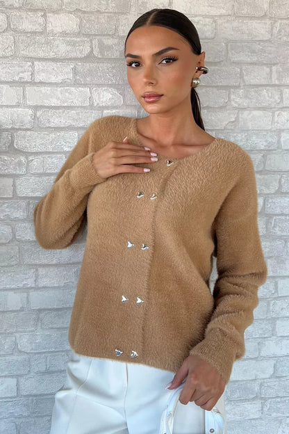 Kalp Düğmeli Şardonlu Triko Ceket