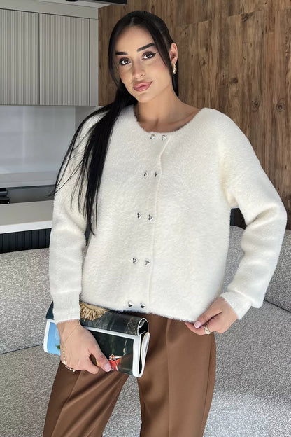 Kalp Düğmeli Şardonlu Triko Ceket