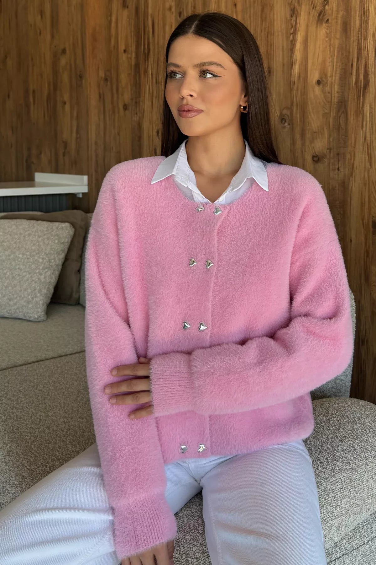 Kalp Düğmeli Şardonlu Triko Ceket