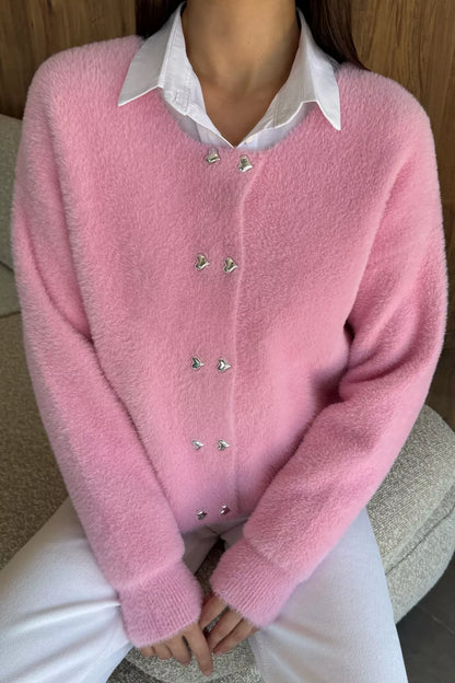 Kalp Düğmeli Şardonlu Triko Ceket