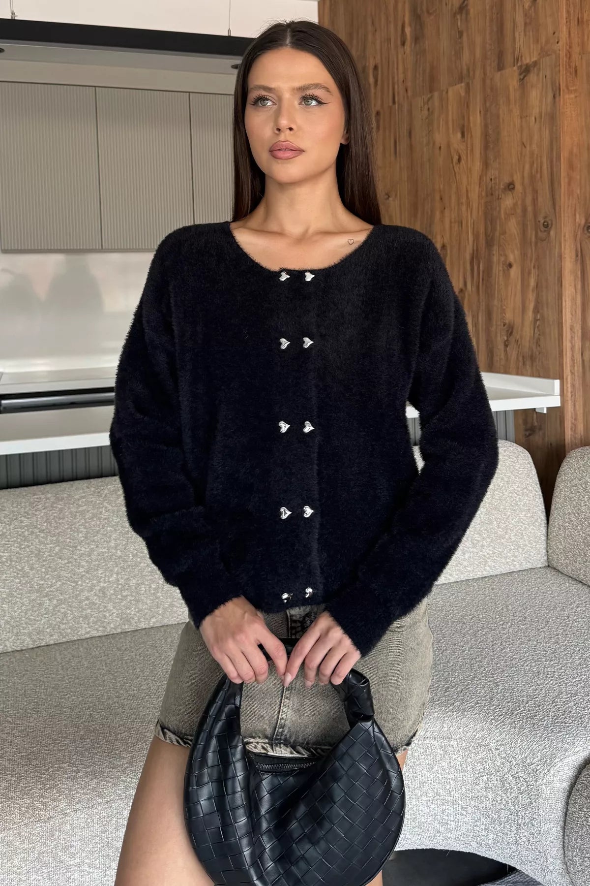 Kalp Düğmeli Şardonlu Triko Ceket