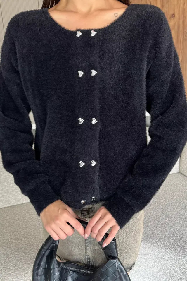 Kalp Düğmeli Şardonlu Triko Ceket