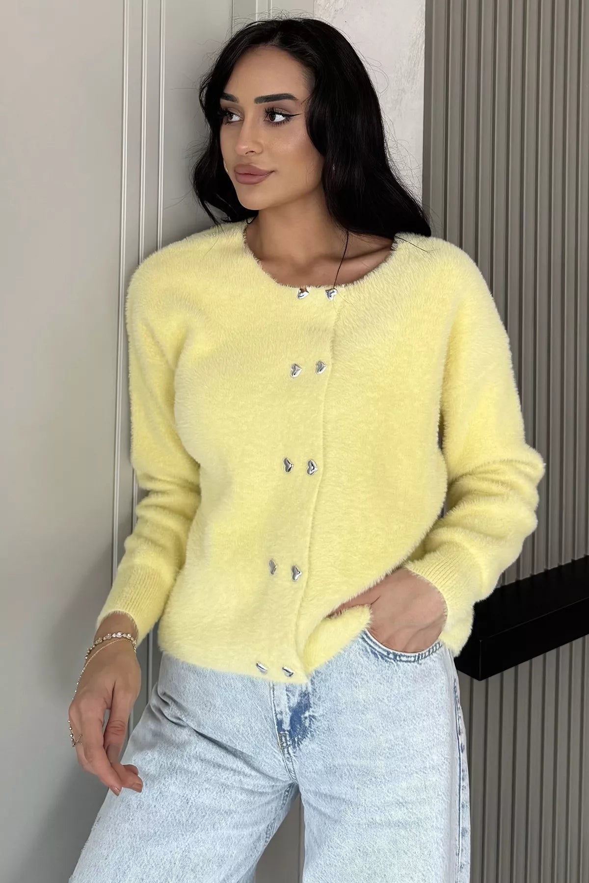 Kalp Düğmeli Şardonlu Triko Ceket