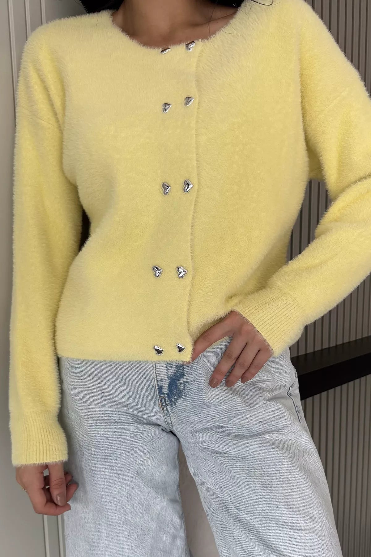 Kalp Düğmeli Şardonlu Triko Ceket