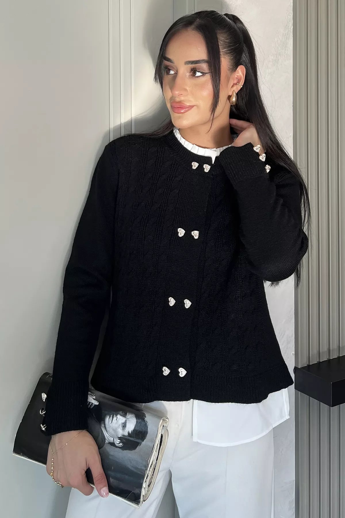 Kol Ve Ön Düğmeli Triko Ceket