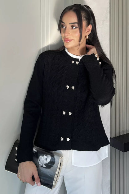 Kol Ve Ön Düğmeli Triko Ceket