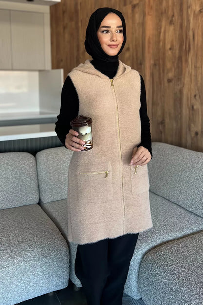 Kolsuz Fermuarlı Yumoş Tesettür Triko Yelek