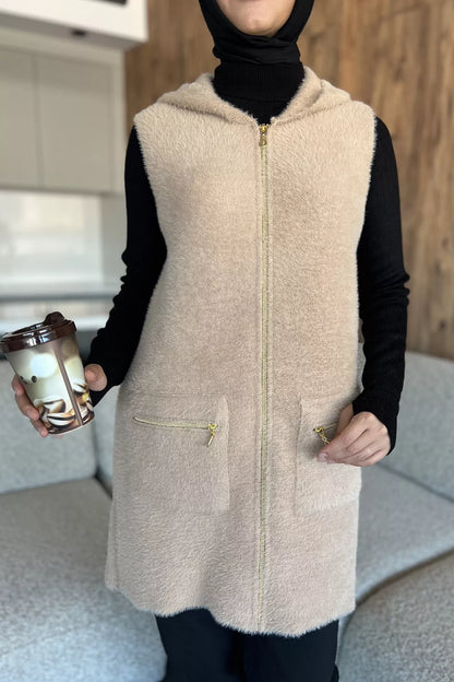 Kolsuz Fermuarlı Yumoş Tesettür Triko Yelek