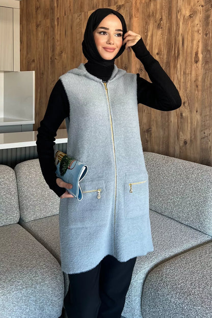 Kolsuz Fermuarlı Yumoş Tesettür Triko Yelek