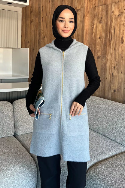 Kolsuz Fermuarlı Yumoş Tesettür Triko Yelek