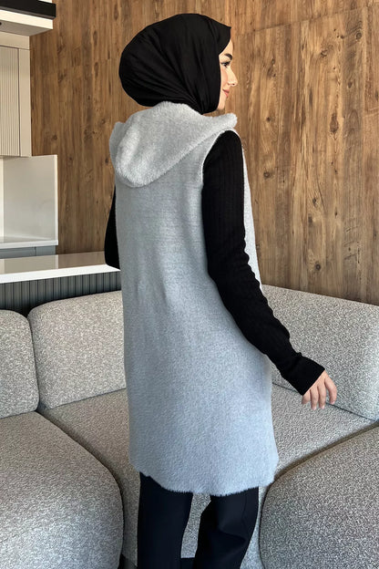 Kolsuz Fermuarlı Yumoş Tesettür Triko Yelek