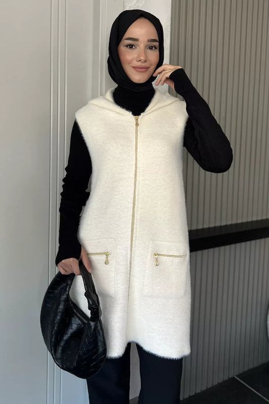 Kolsuz Fermuarlı Yumoş Tesettür Triko Yelek