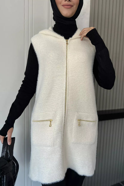 Kolsuz Fermuarlı Yumoş Tesettür Triko Yelek