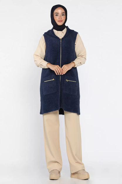 Kolsuz Fermuarlı Yumoş Tesettür Triko Yelek