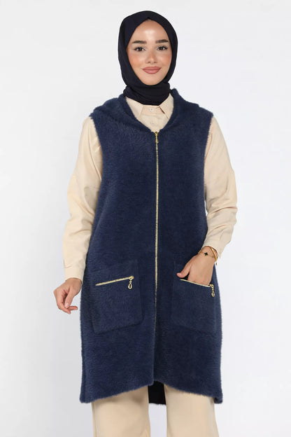 Kolsuz Fermuarlı Yumoş Tesettür Triko Yelek