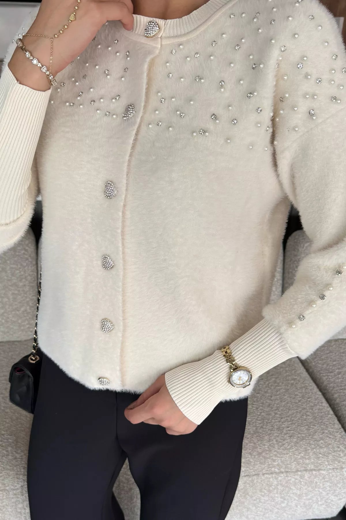 Omuz Taşlı Şardonlu Triko Ceket