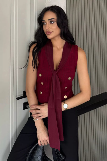 Ön Bağlamalı Triko Yelek Bordo