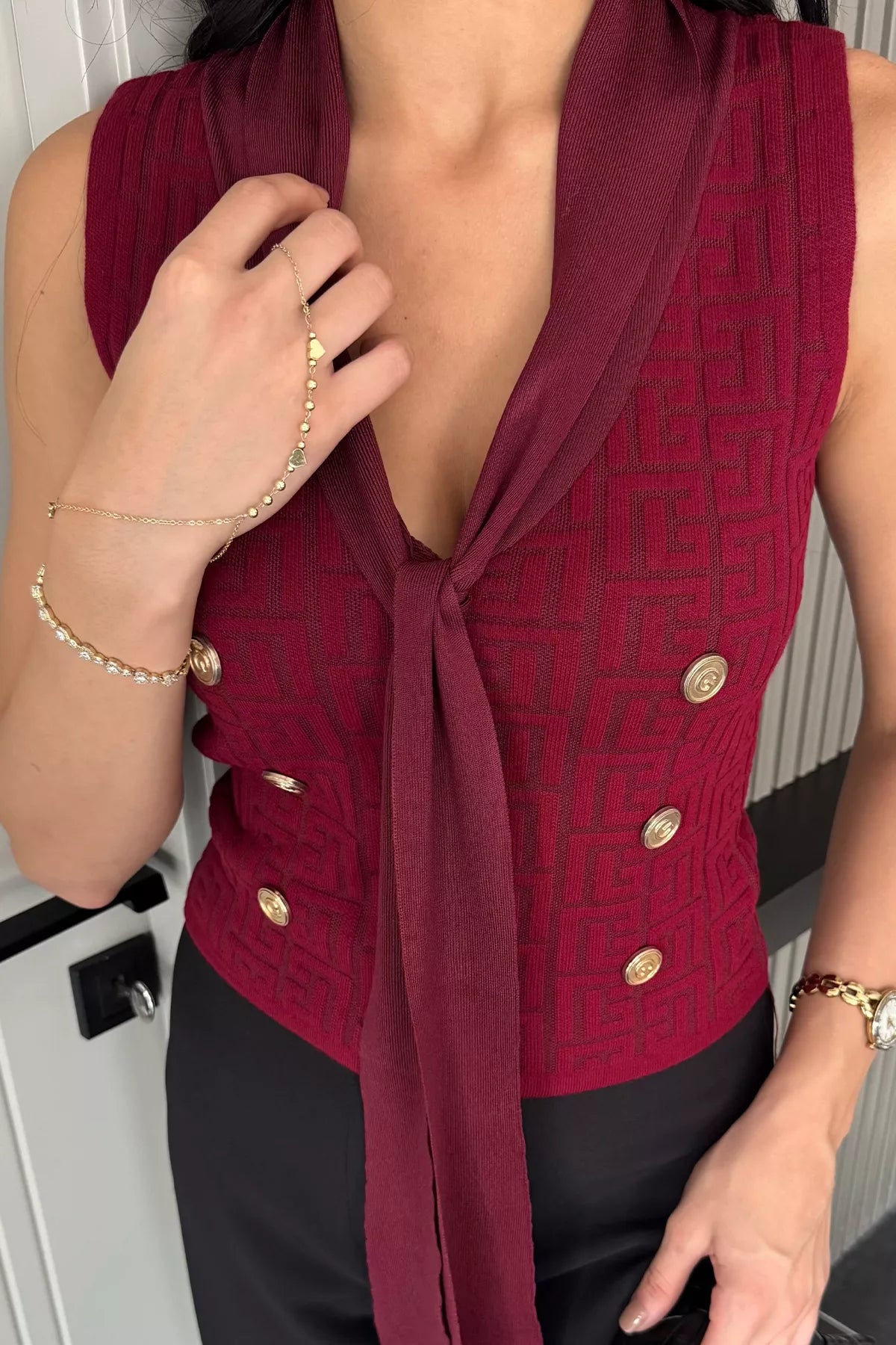 Ön Bağlamalı Triko Yelek Bordo