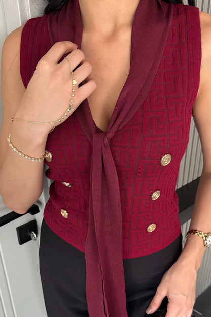 Ön Bağlamalı Triko Yelek Bordo
