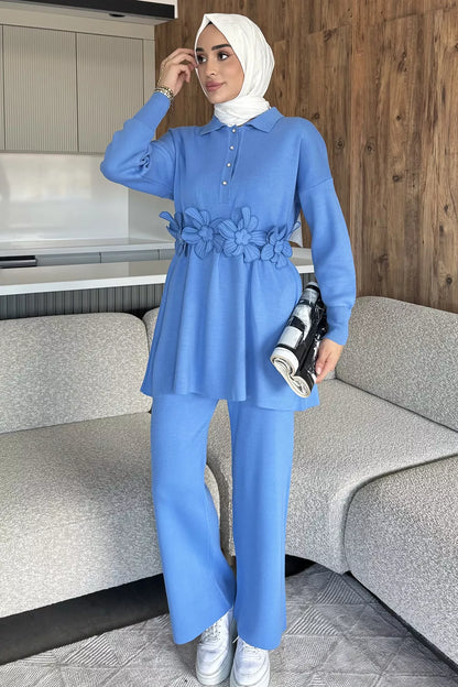 Papatya Aplikeli Tunik Pantolon Triko Tesettür İkili Takım