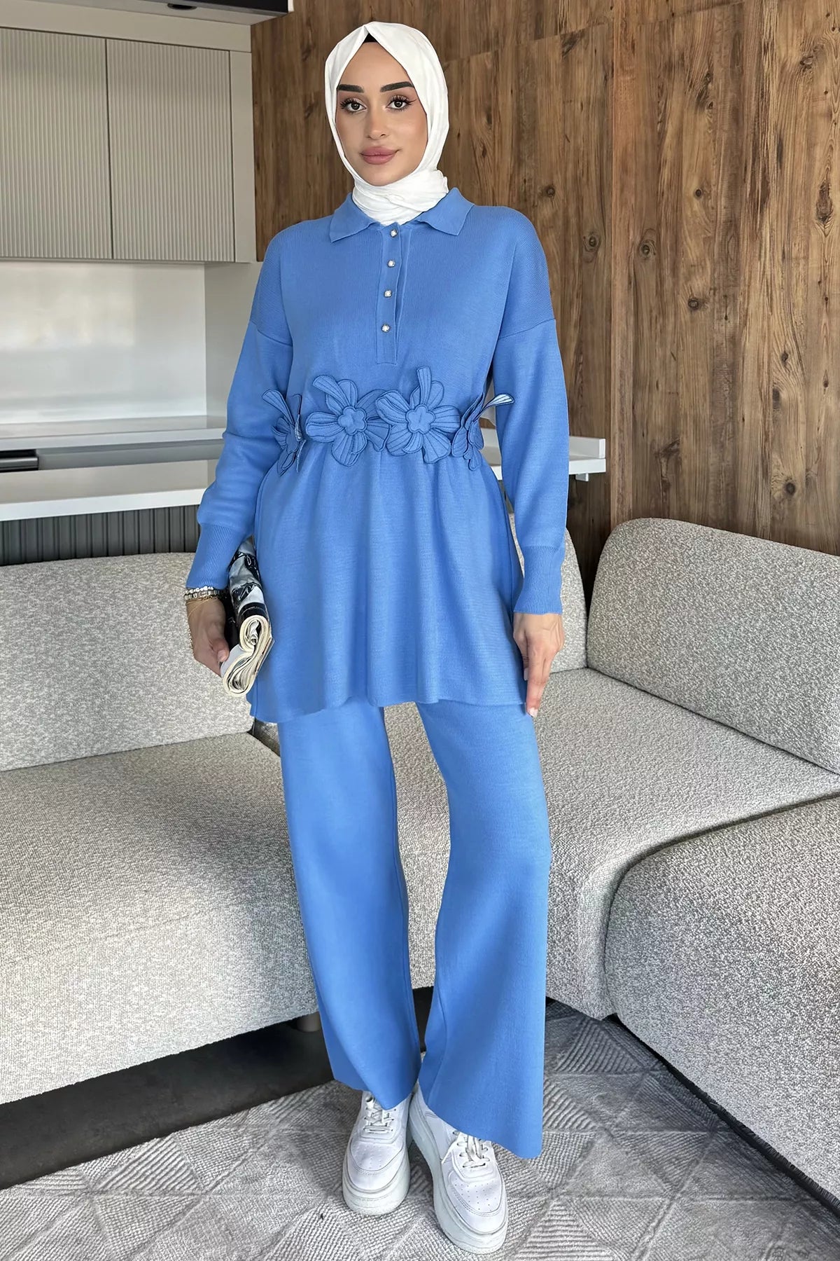 Papatya Aplikeli Tunik Pantolon Triko Tesettür İkili Takım