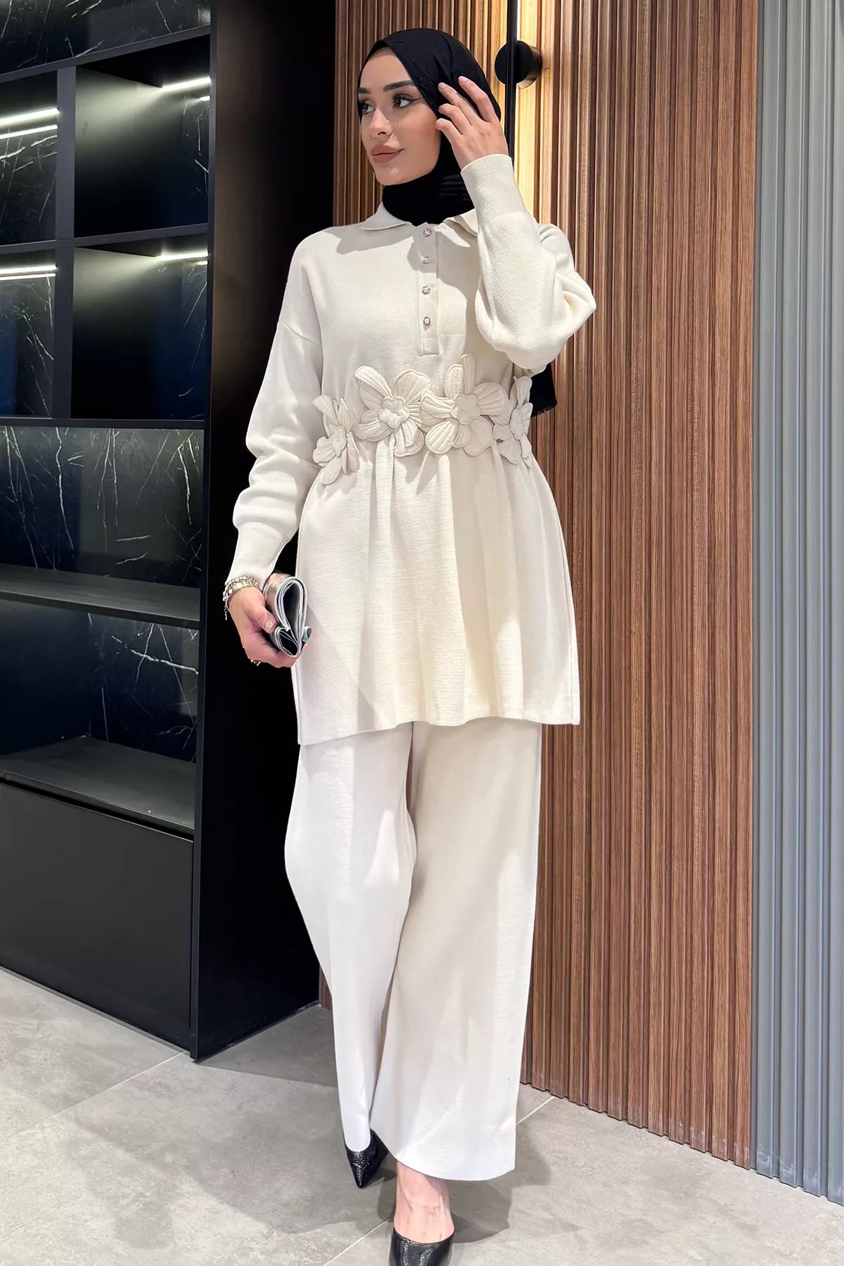 Papatya Aplikeli Tunik Pantolon Triko Tesettür İkili Takım