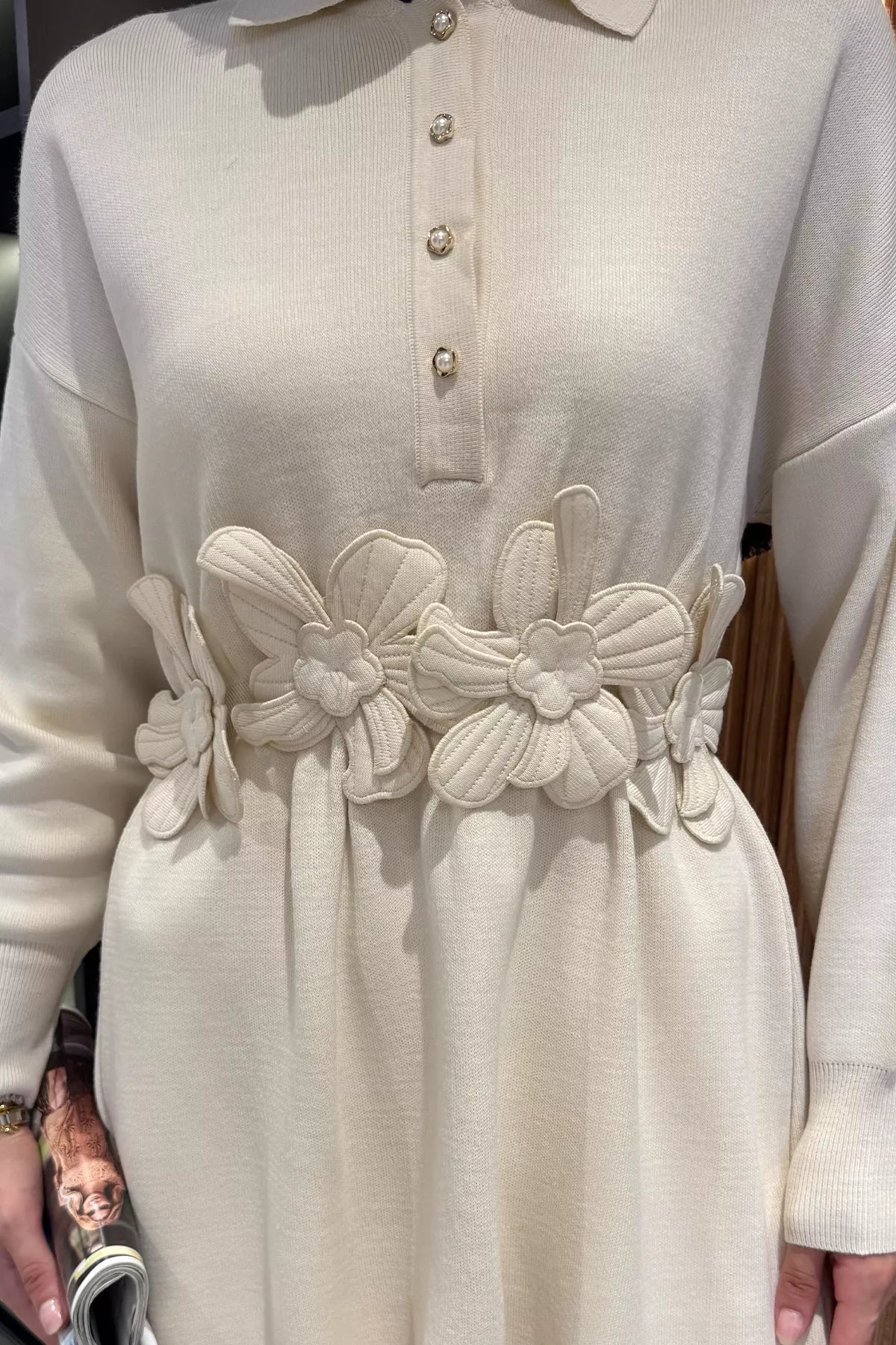 Papatya Aplikeli Tunik Pantolon Triko Tesettür İkili Takım