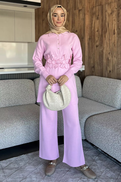 Papatya Aplikeli Tunik Pantolon Triko Tesettür İkili Takım