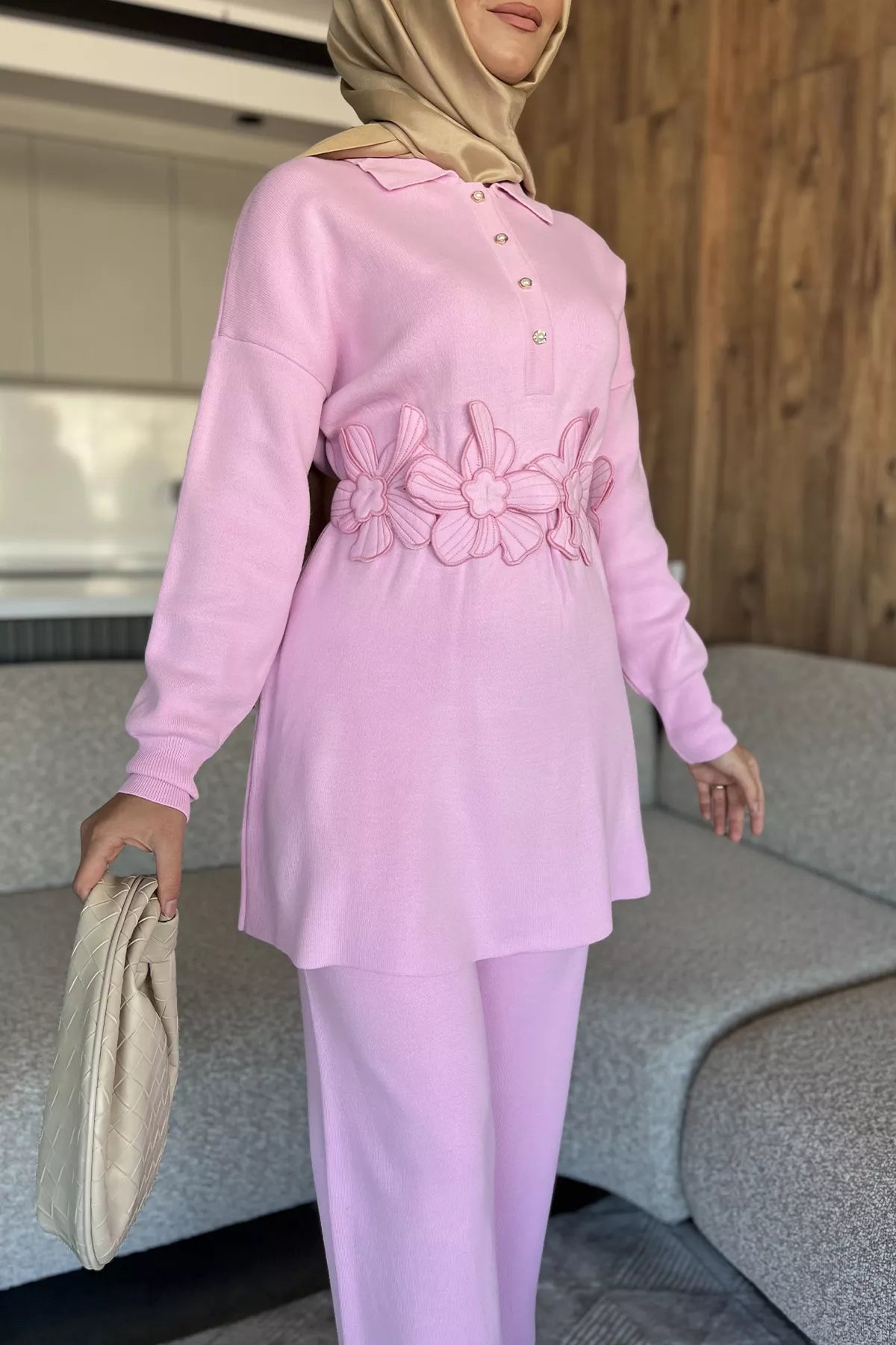 Papatya Aplikeli Tunik Pantolon Triko Tesettür İkili Takım