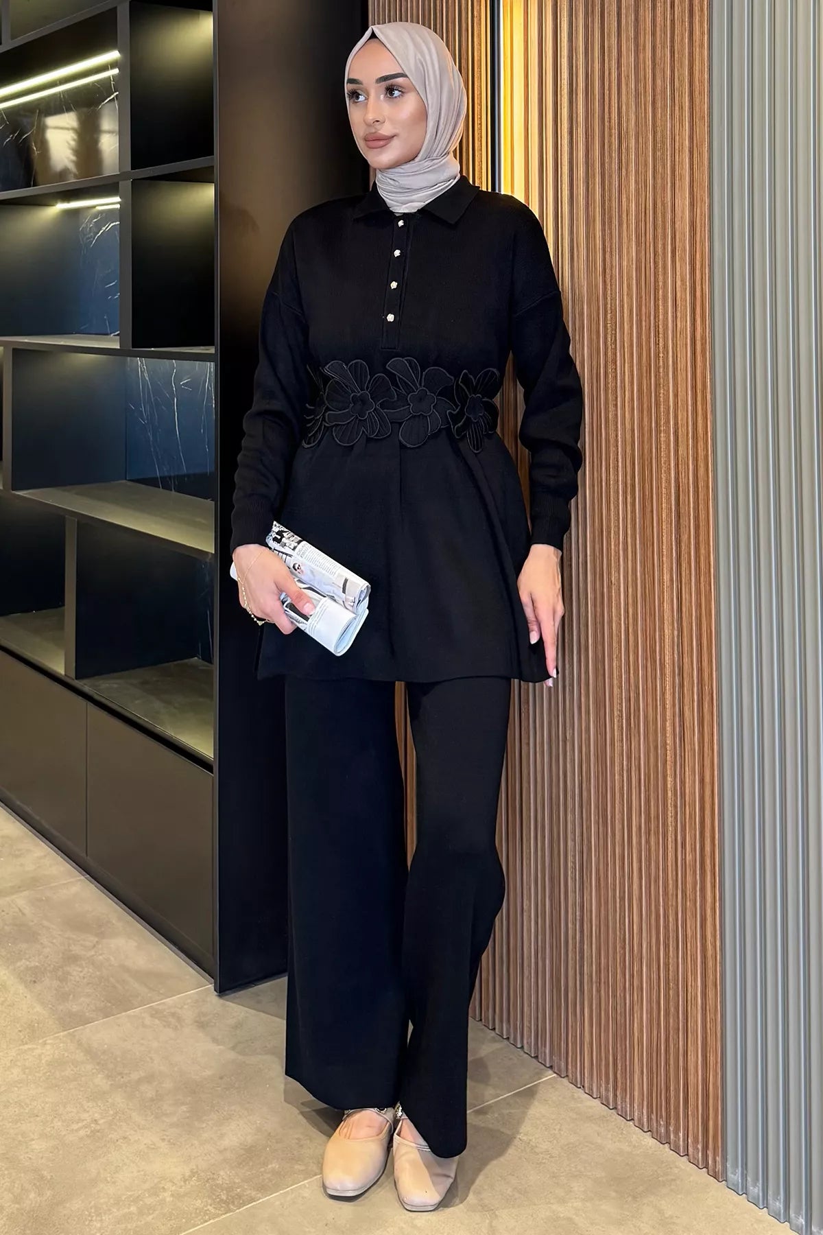 Papatya Aplikeli Tunik Pantolon Triko Tesettür İkili Takım