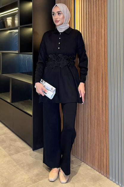 Papatya Aplikeli Tunik Pantolon Triko Tesettür İkili Takım