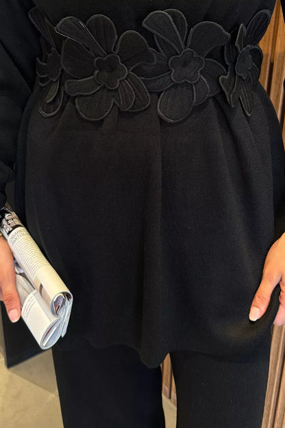 Papatya Aplikeli Tunik Pantolon Triko Tesettür İkili Takım