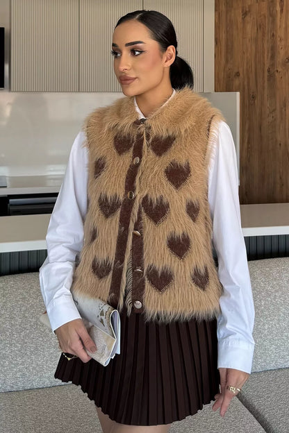 Sakallı Kalpli Kadın Triko Yelek