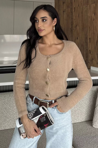 Şardonlu Kadın Crop Top Triko Hırka