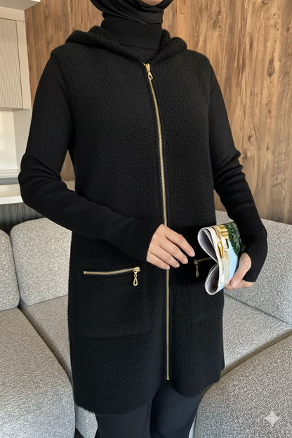 Kolsuz Fermuarlı Yumoş Tesettür Triko Yelek