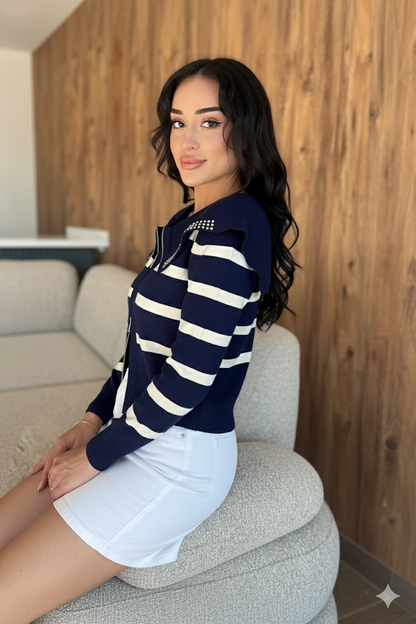 Yaka Detaylı Çizgili Triko Hırka