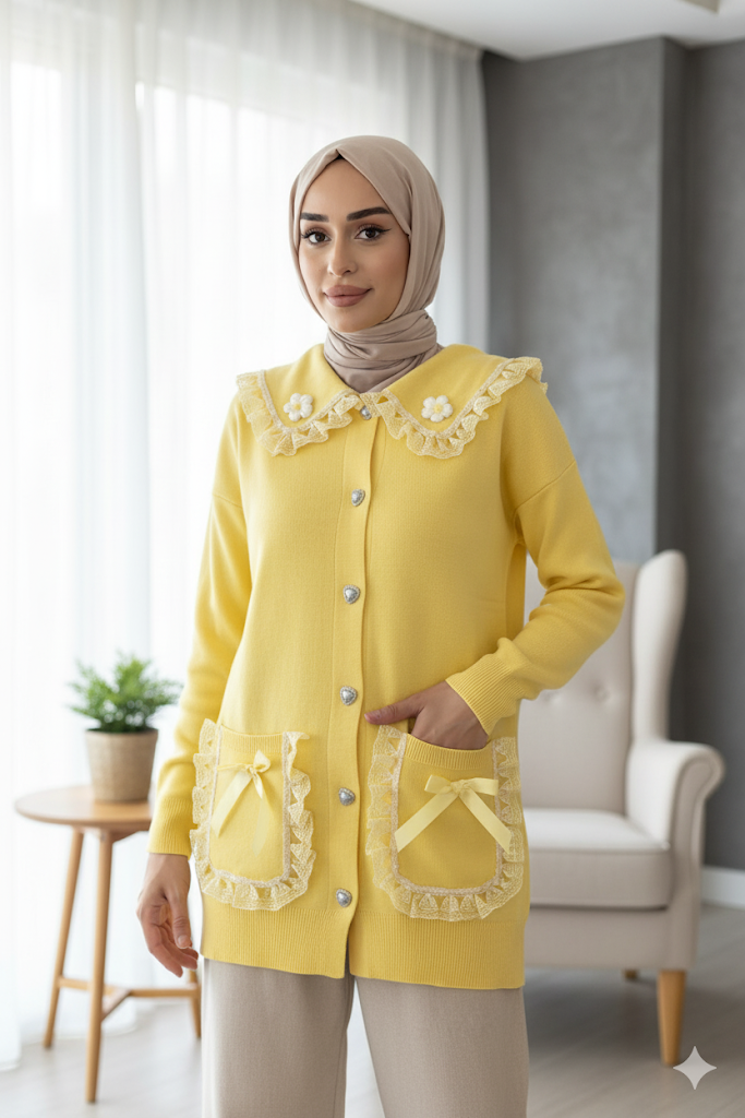 Papatya Figürlü Fistolu Tesettür Triko Hırka