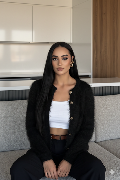 Kadın Ön Düğmeli Sakallı Triko Ceket