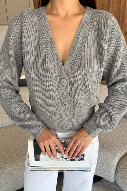 V Yaka Ön Düğmeli Kadın Örme Triko Hırka