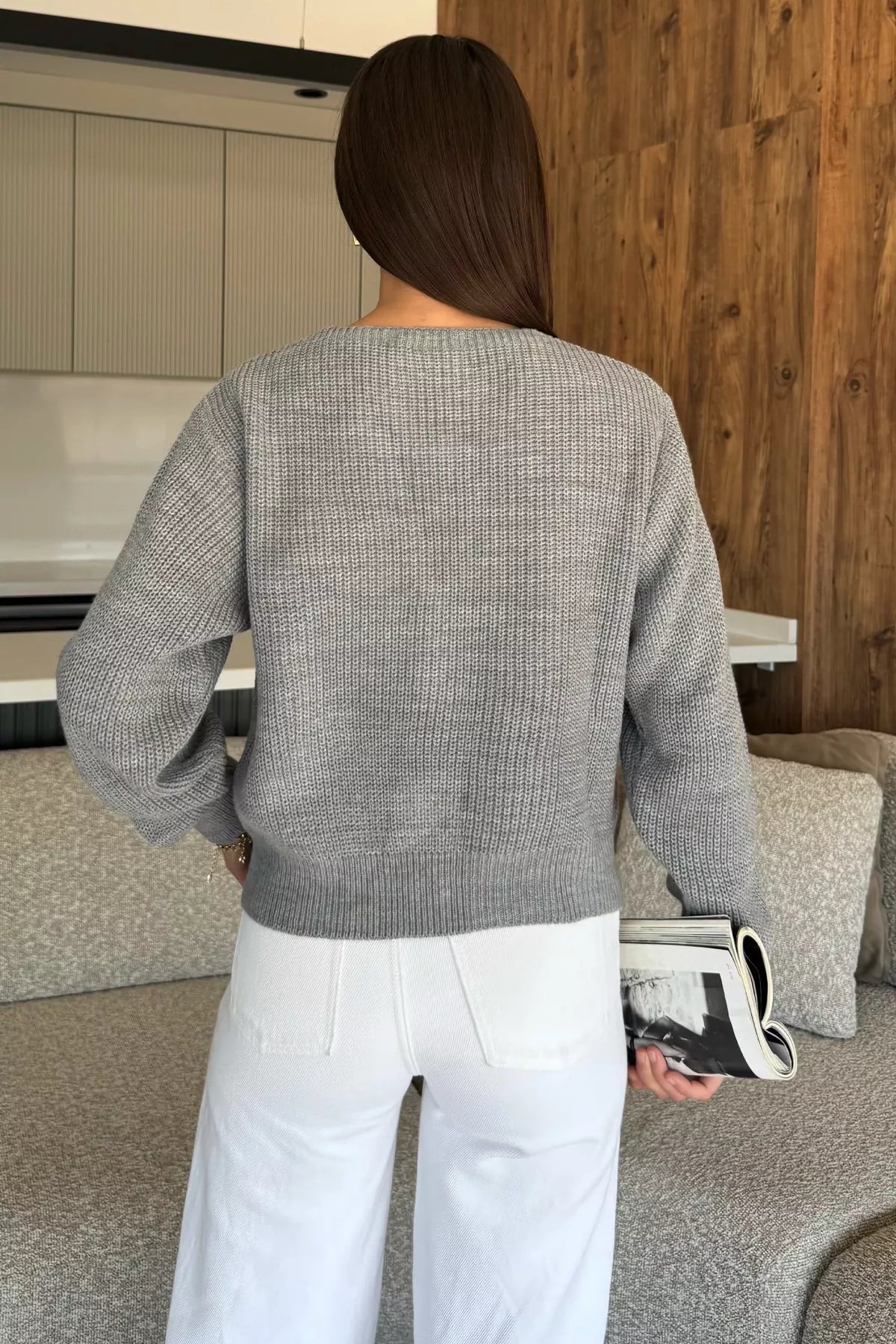 V Yaka Ön Düğmeli Kadın Örme Triko Hırka