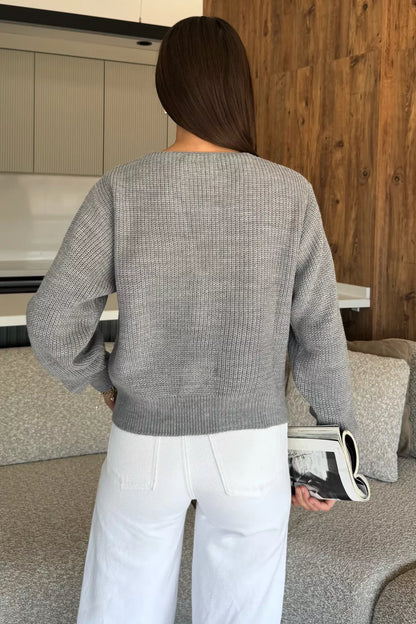 V Yaka Ön Düğmeli Kadın Örme Triko Hırka