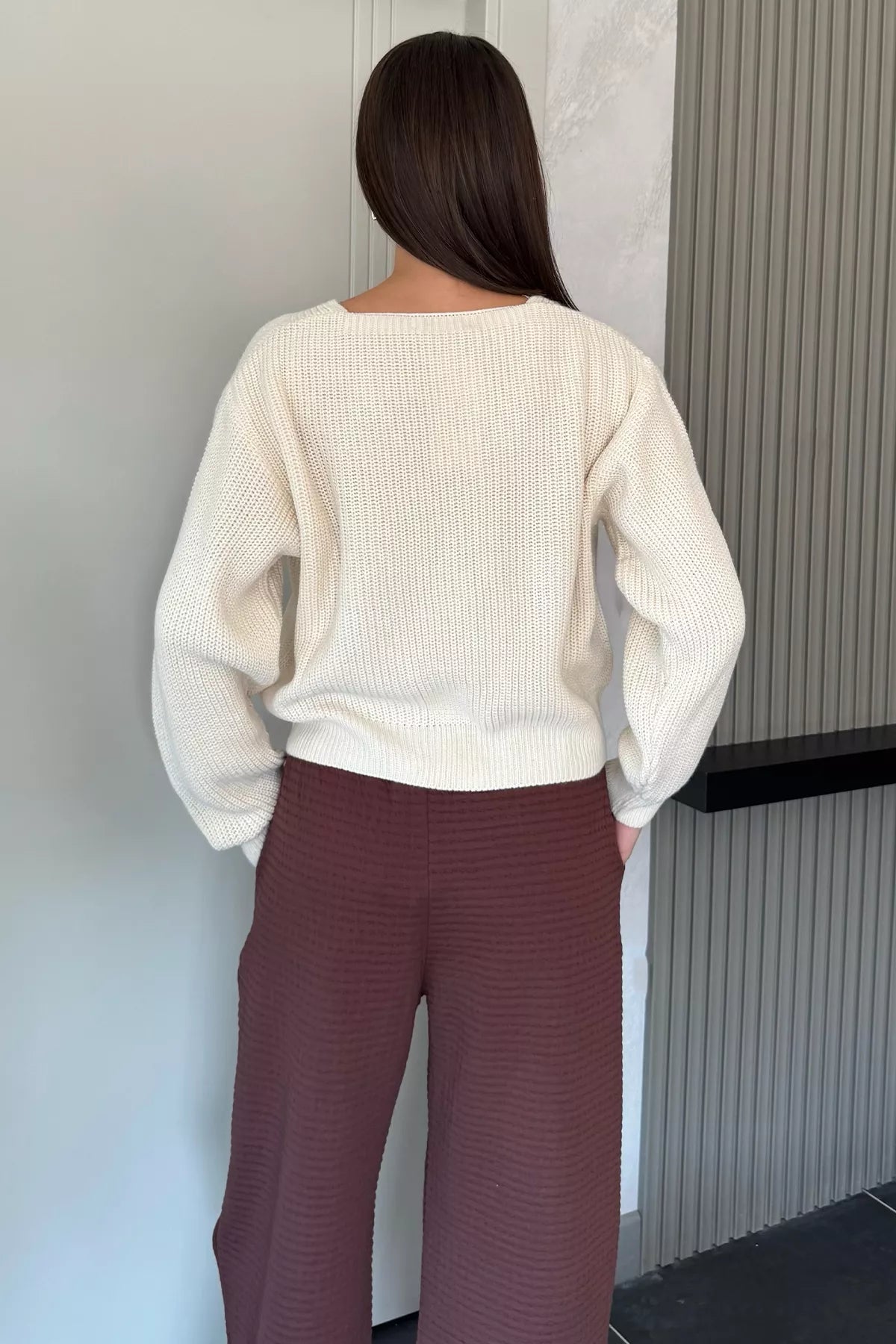 V Yaka Ön Düğmeli Kadın Örme Triko Hırka