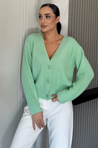 V Yaka Ön Düğmeli Kadın Örme Triko Hırka