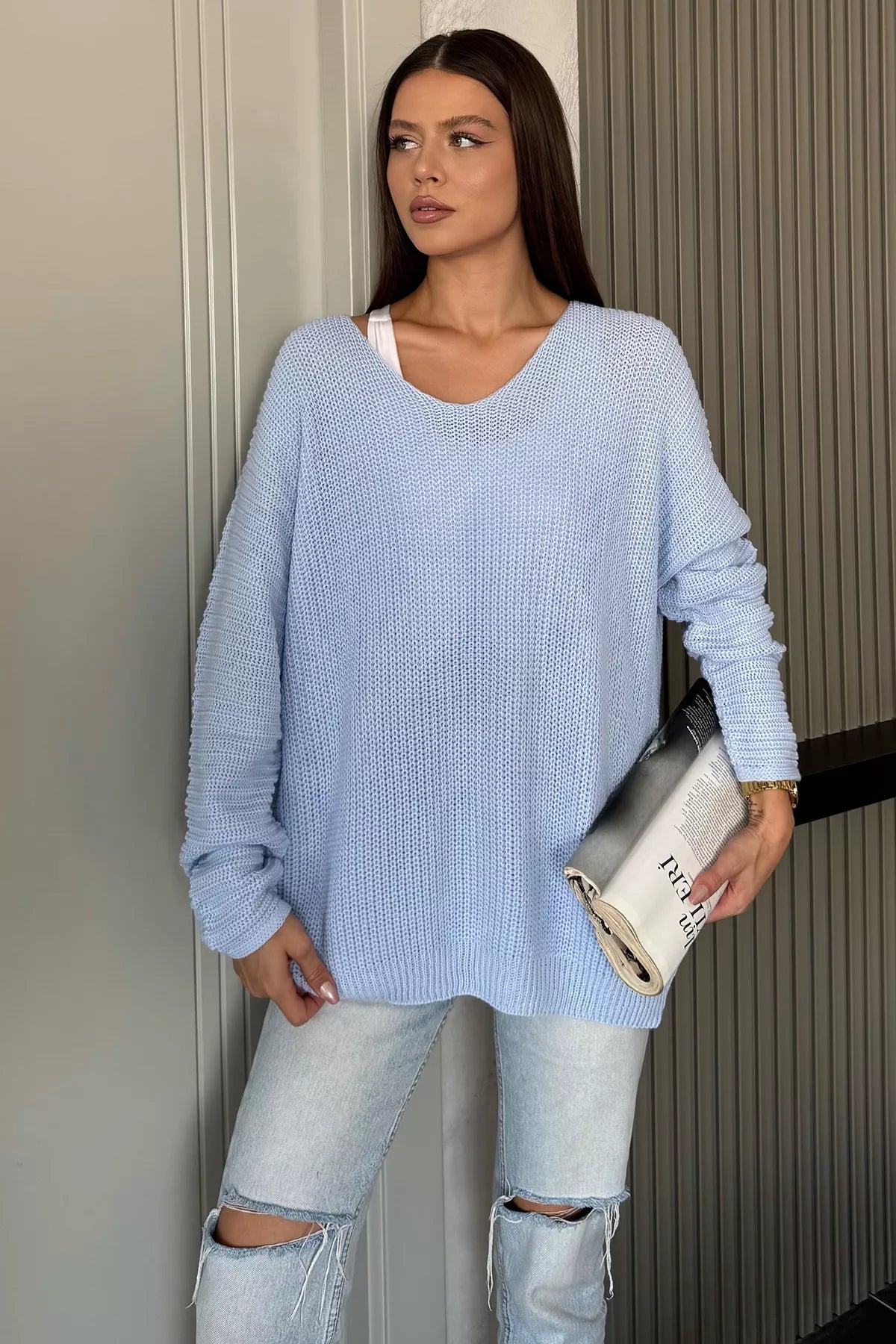 V Yaka Salaş Triko Bluz